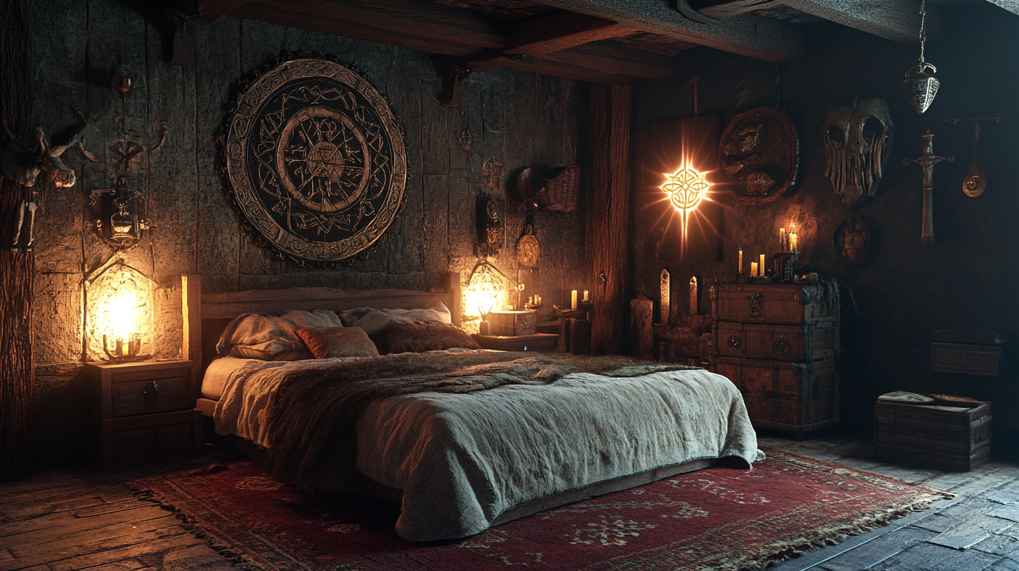 Mystical Boho Witchy Bedroom with Rune Adorned Walls