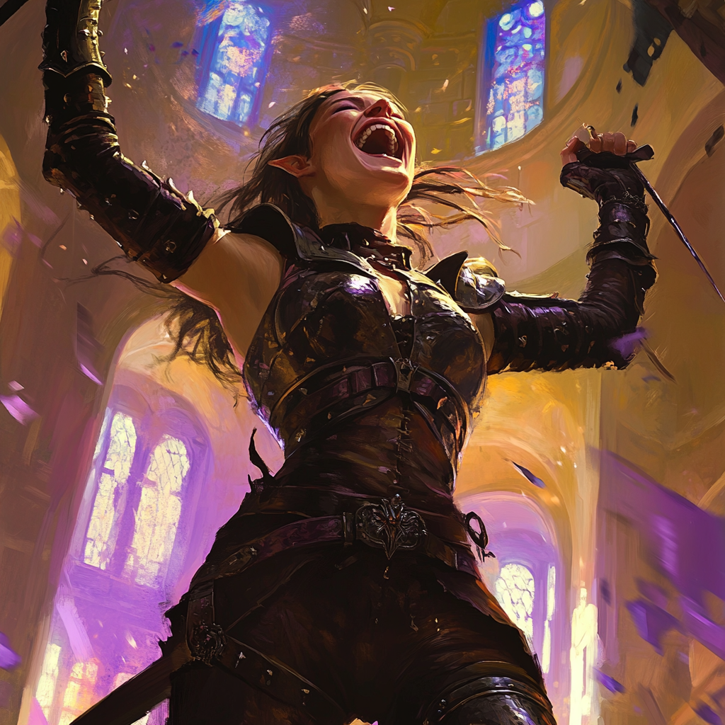 Mystical DND Character Art: Fey Female Laughing & Fighting 