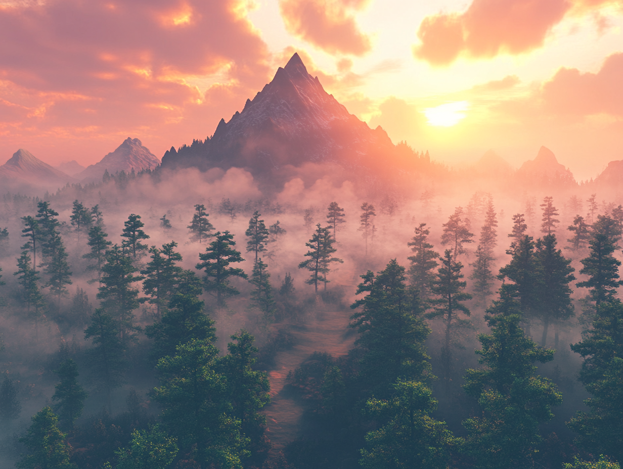 Mystical Exotic Forest with Red Mountain