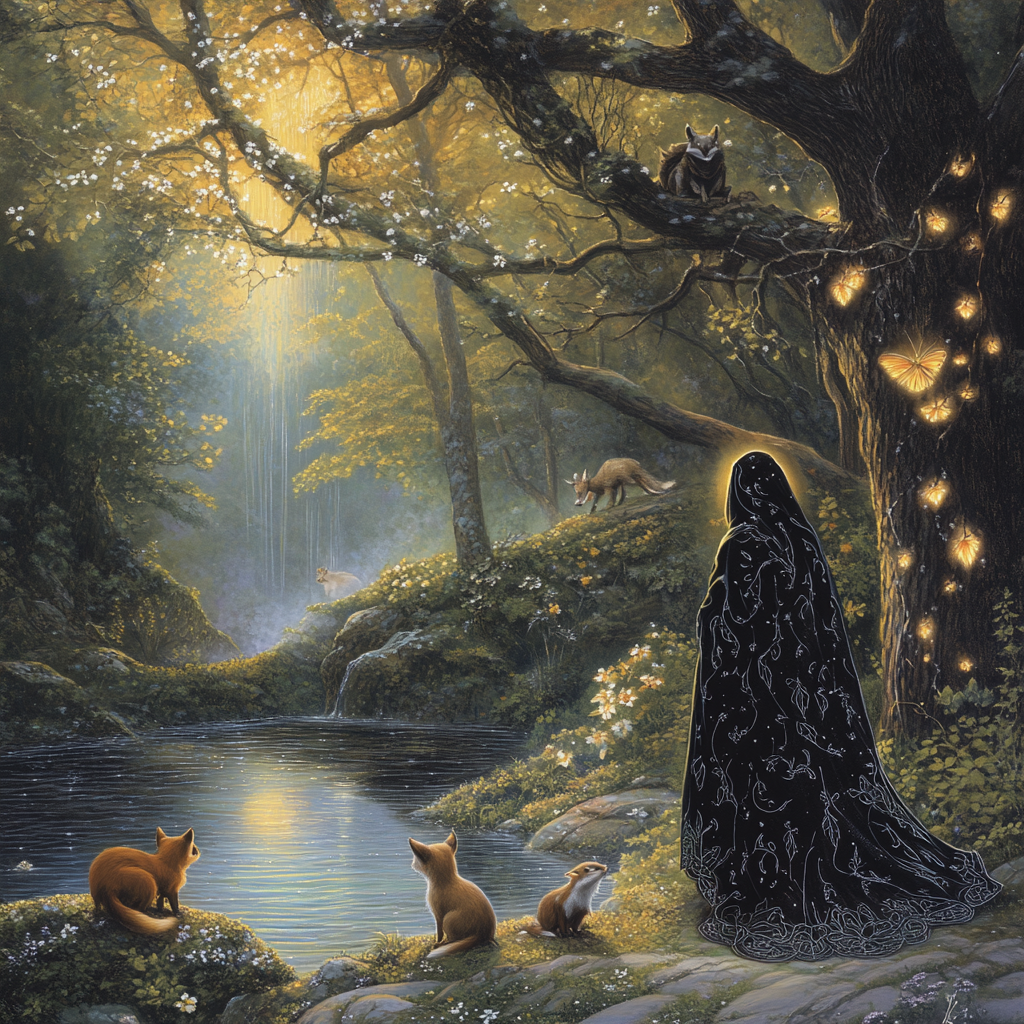 Mystical Figure with Woodland Creatures in Enchanted Clearing