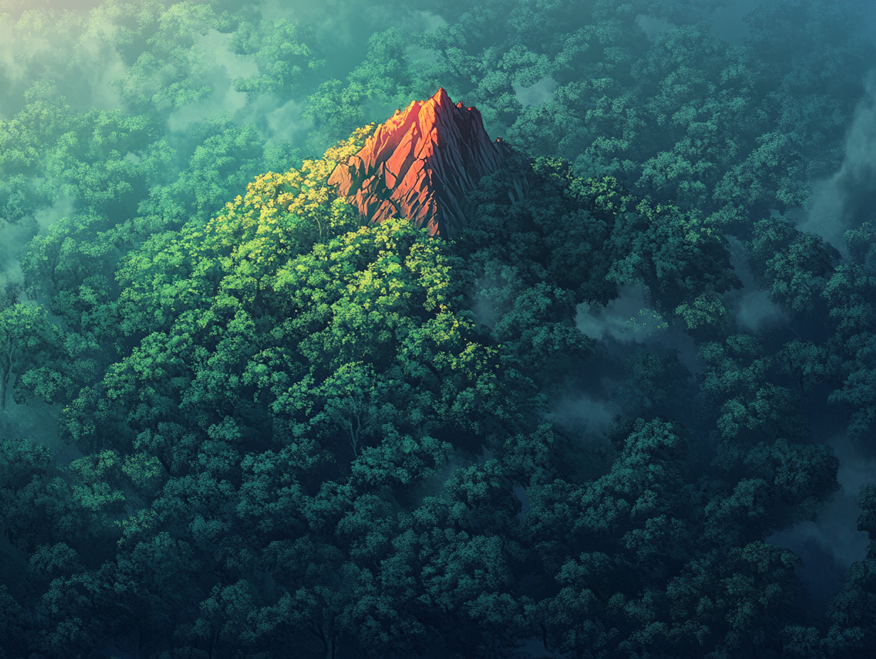 Mystical Forest with Red Mountain Peak