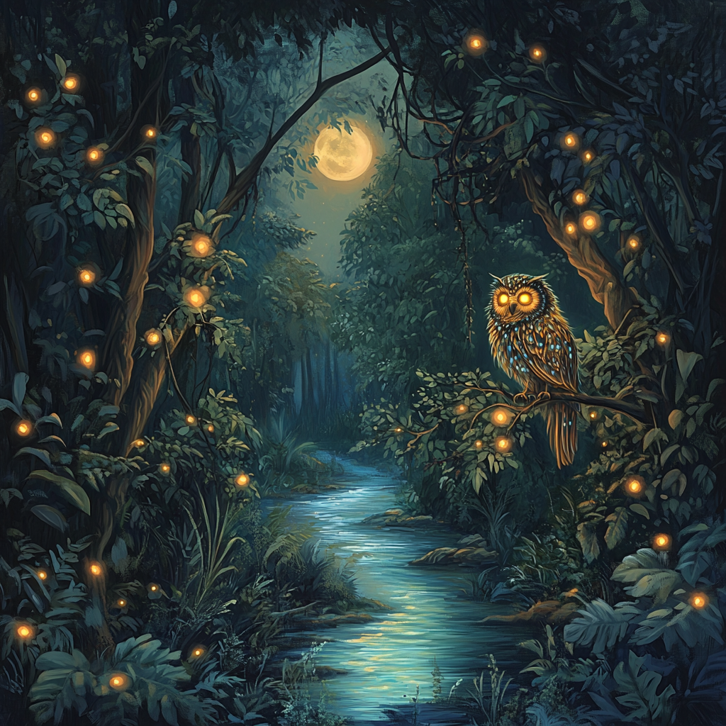 Mystical Glowing Owl in Bioluminescent Twilight Forest