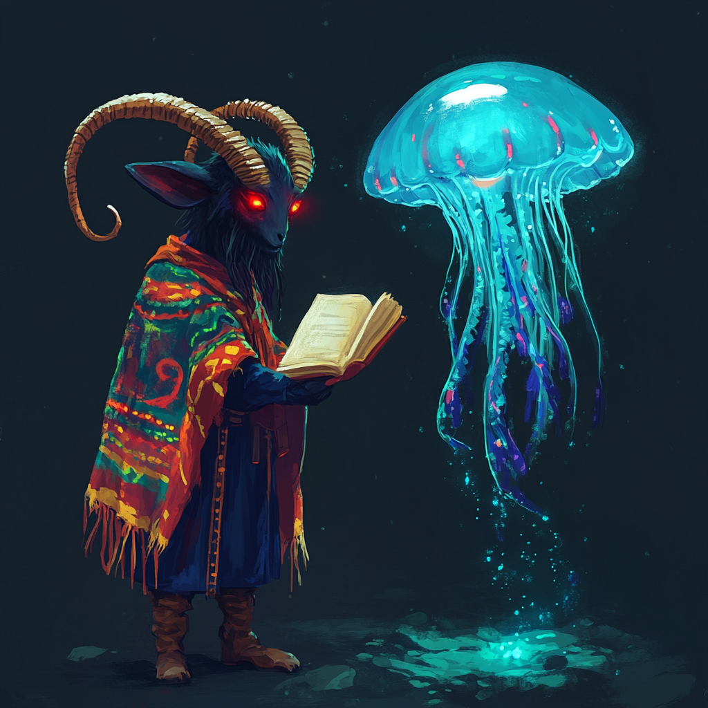 Mystical Goat Creature meets Humanoid Jellyfish in Forest