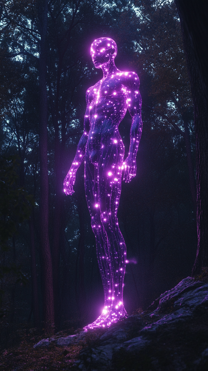 Mystical Purple Figure Radiates Light in Enchanted Forest.