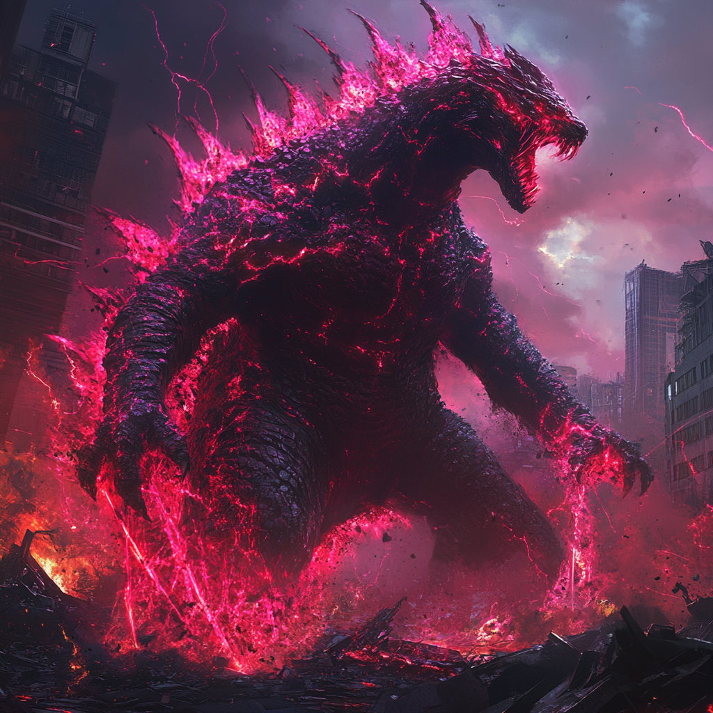 Mystical Scarlet Witch and Godzilla hybrid in dystopian cityscape.