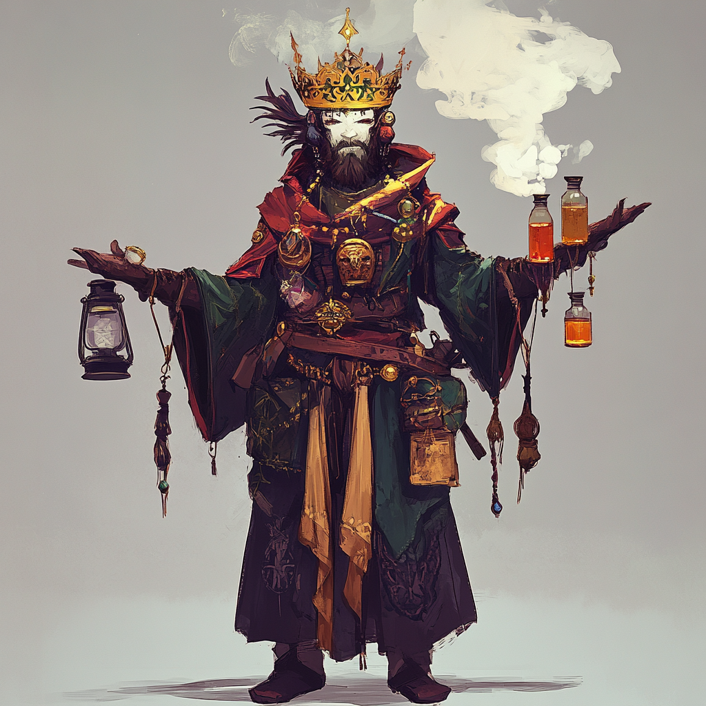 Mystical Shaman Alchemist with commanding presence in golden crown