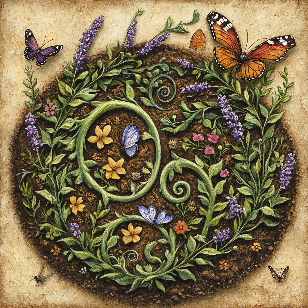 Mystical Spiral Herb Garden with Butterflies and Birds