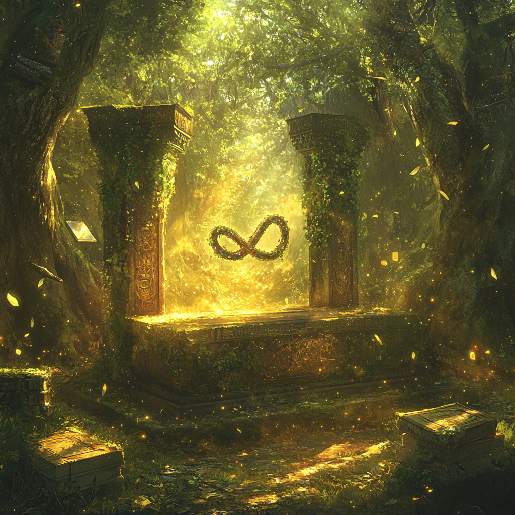 Mystical altar with infinity loop, in enchanted forest.