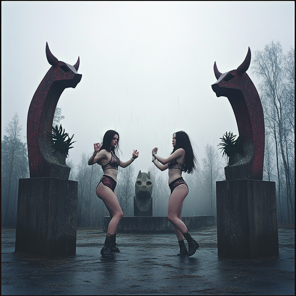 Mystical evening photoshoot with surreal concrete statues, melancholic sisters.