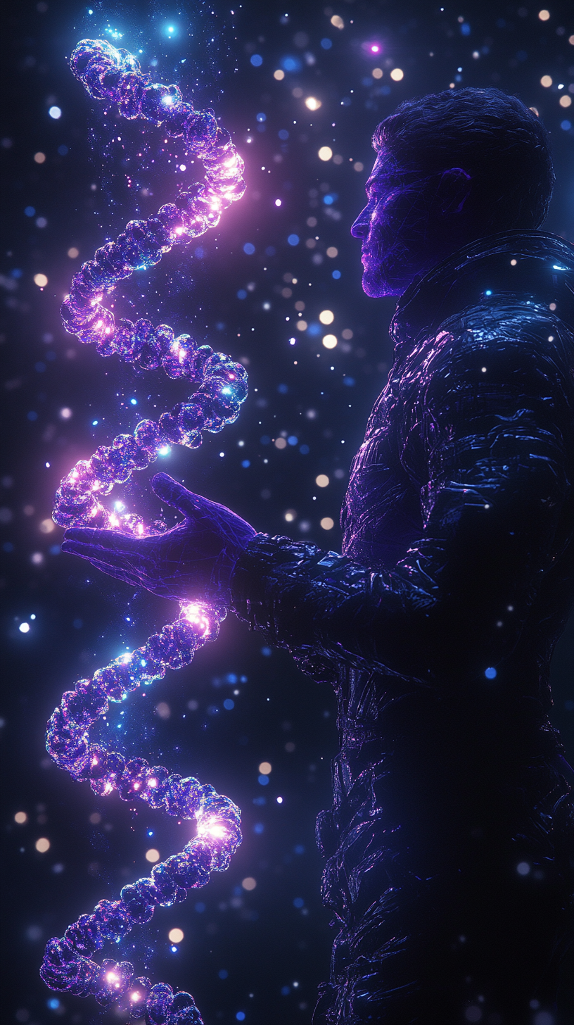 Mystical figure holds glowing DNA helix in cosmos.