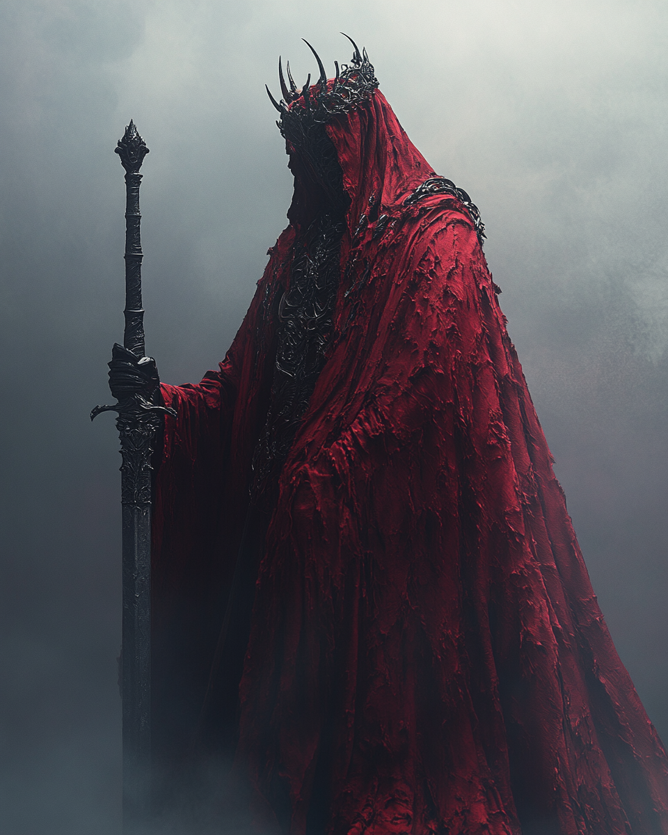 Mystical figure in red robes, crown, devil horns, sword