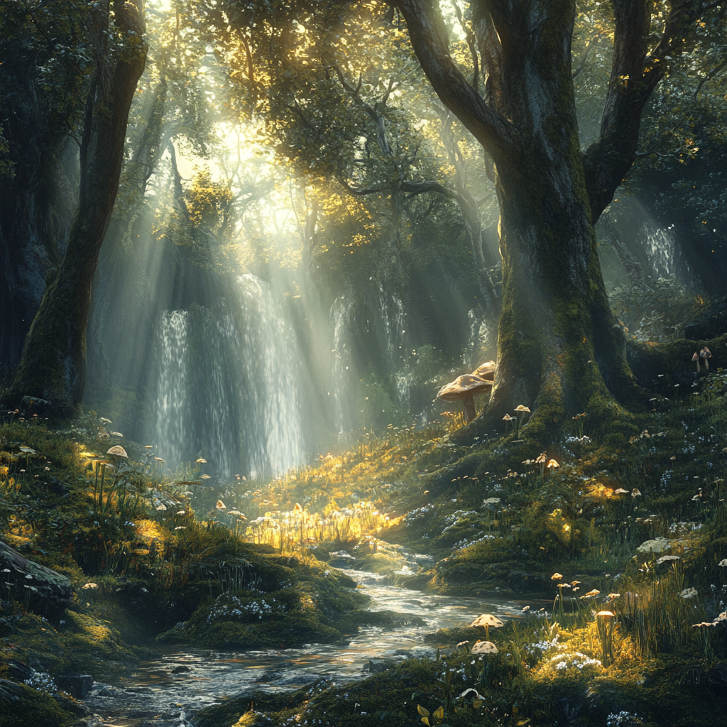 Mystical forest dawn: fog, ancient trees, sunlight beams glow.