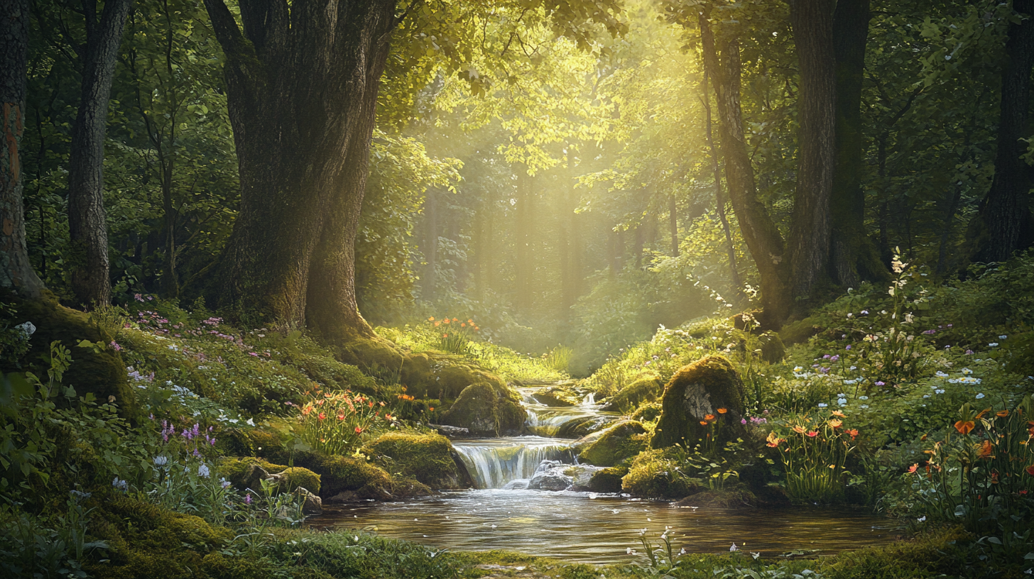 Mystical forest scene with sunlight, stream, trees, wildflowers.