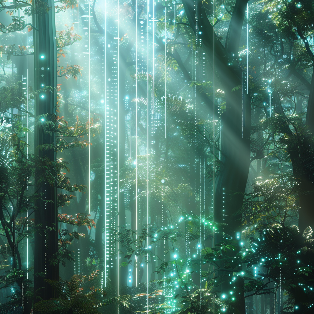 Mystical forest with nature and technology glowing together.