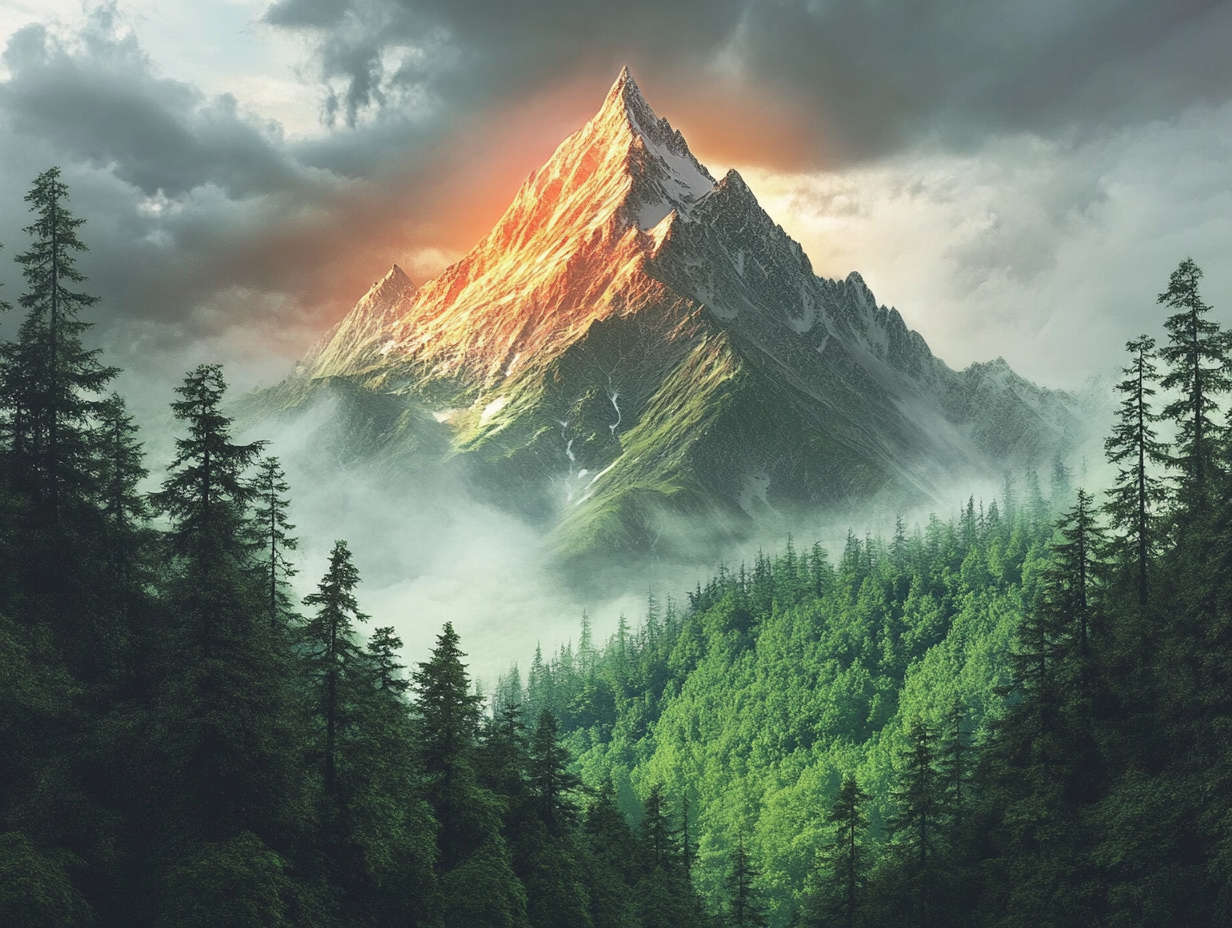 Mystical forest with tall trees and red peak