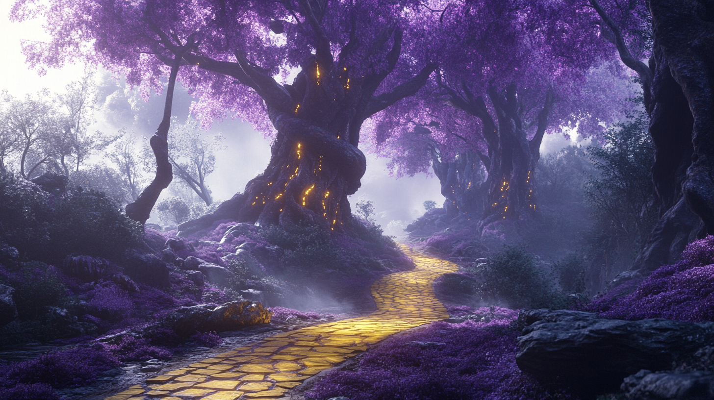 Mystical land, towering purple forests meets alien technology.