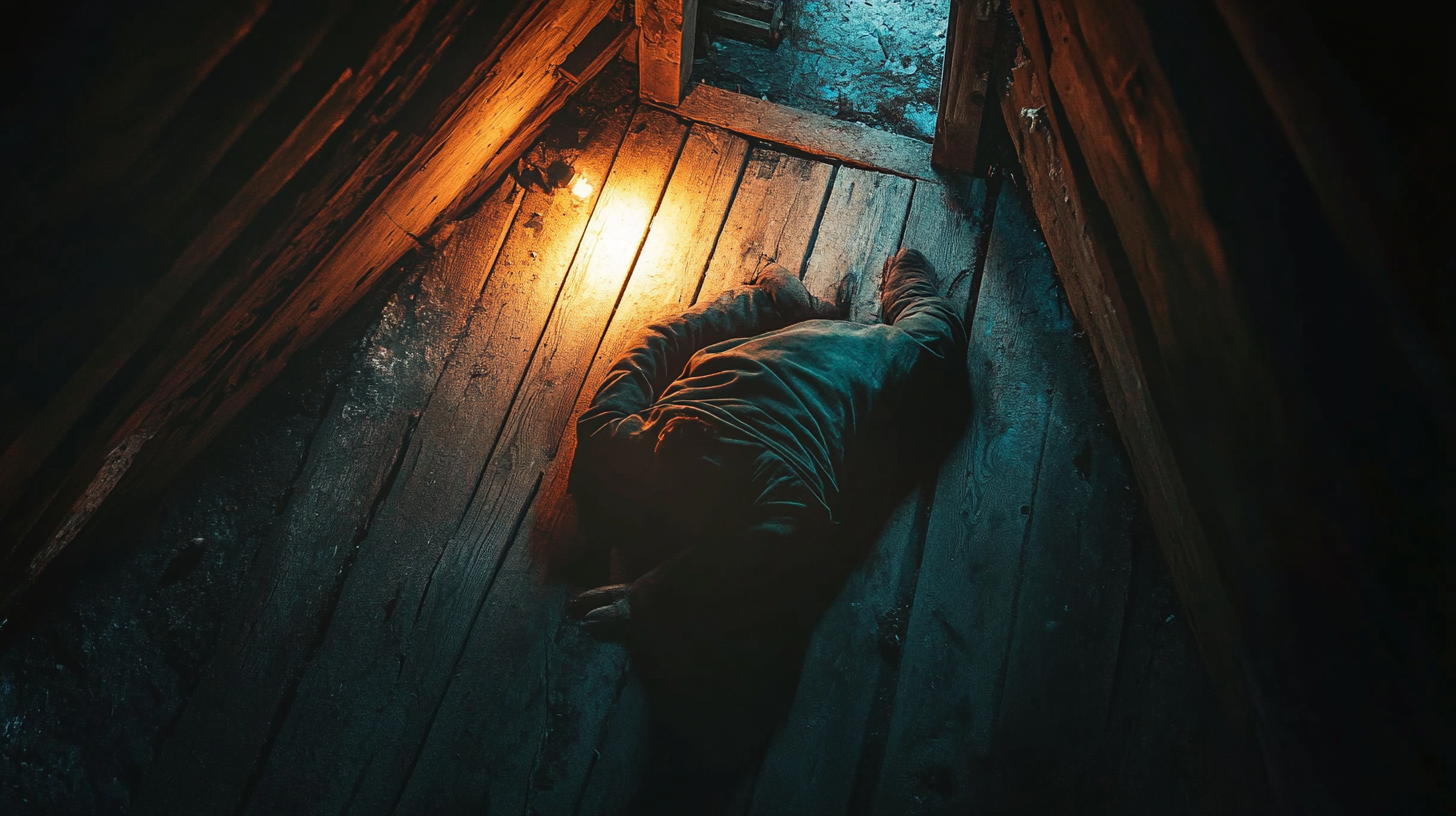 Mystical man lies on rustic floor in dark room.