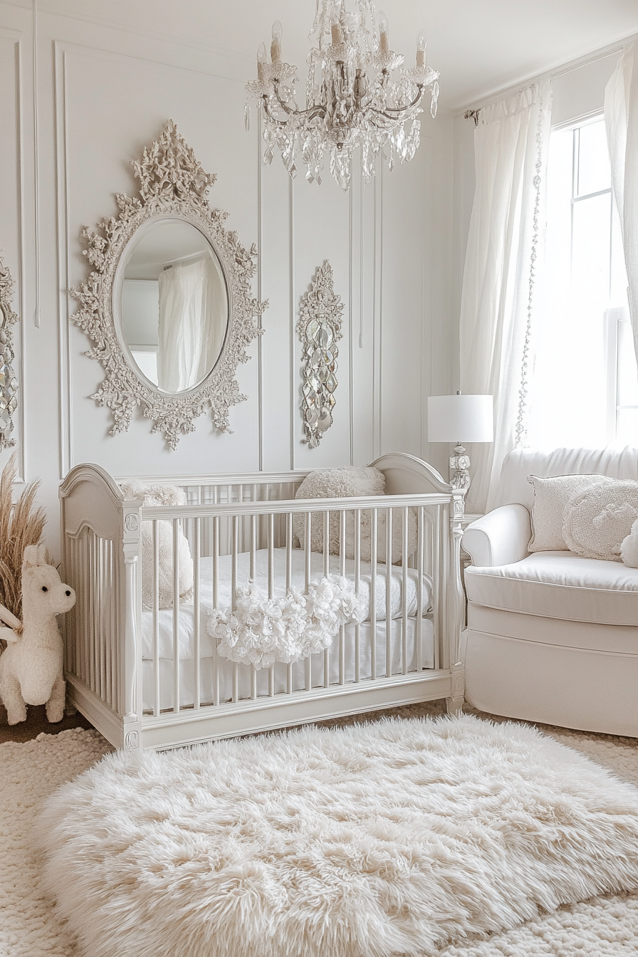 Mystical nursery adorned with ornate mirrors in bright space.