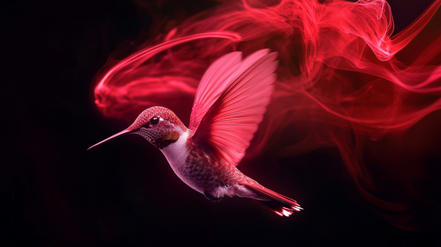 Mystical red hummingbird hovers in blur motion, red aura.