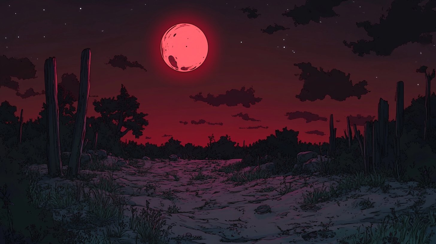 Mystical red moonlit forest with alien plants