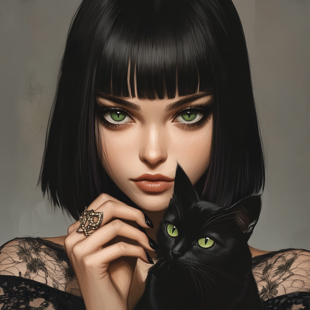 Mystical witch-priestess with captivating green eyes holding black cat.