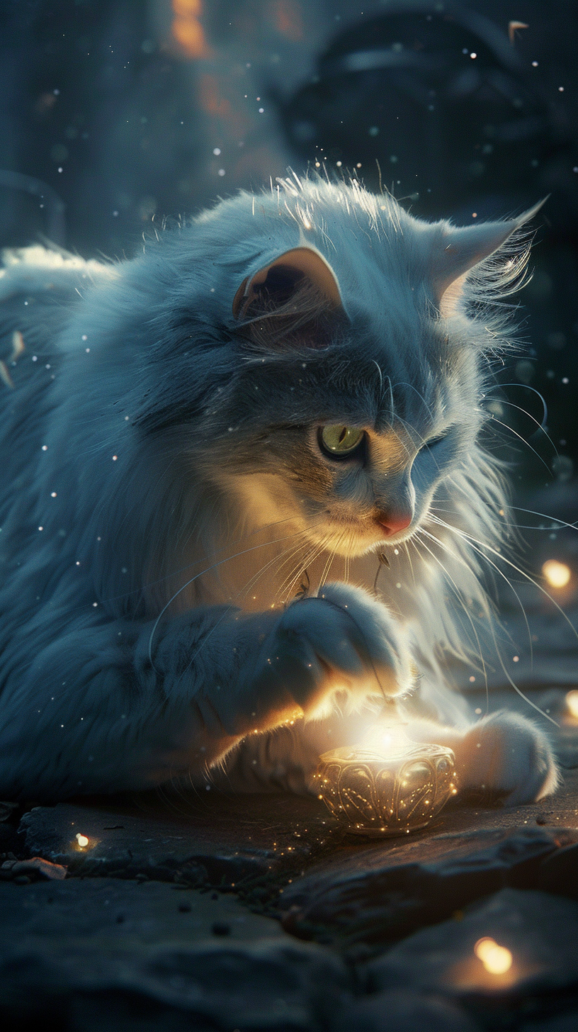 Mythical creature gives glowing amulet to white cat