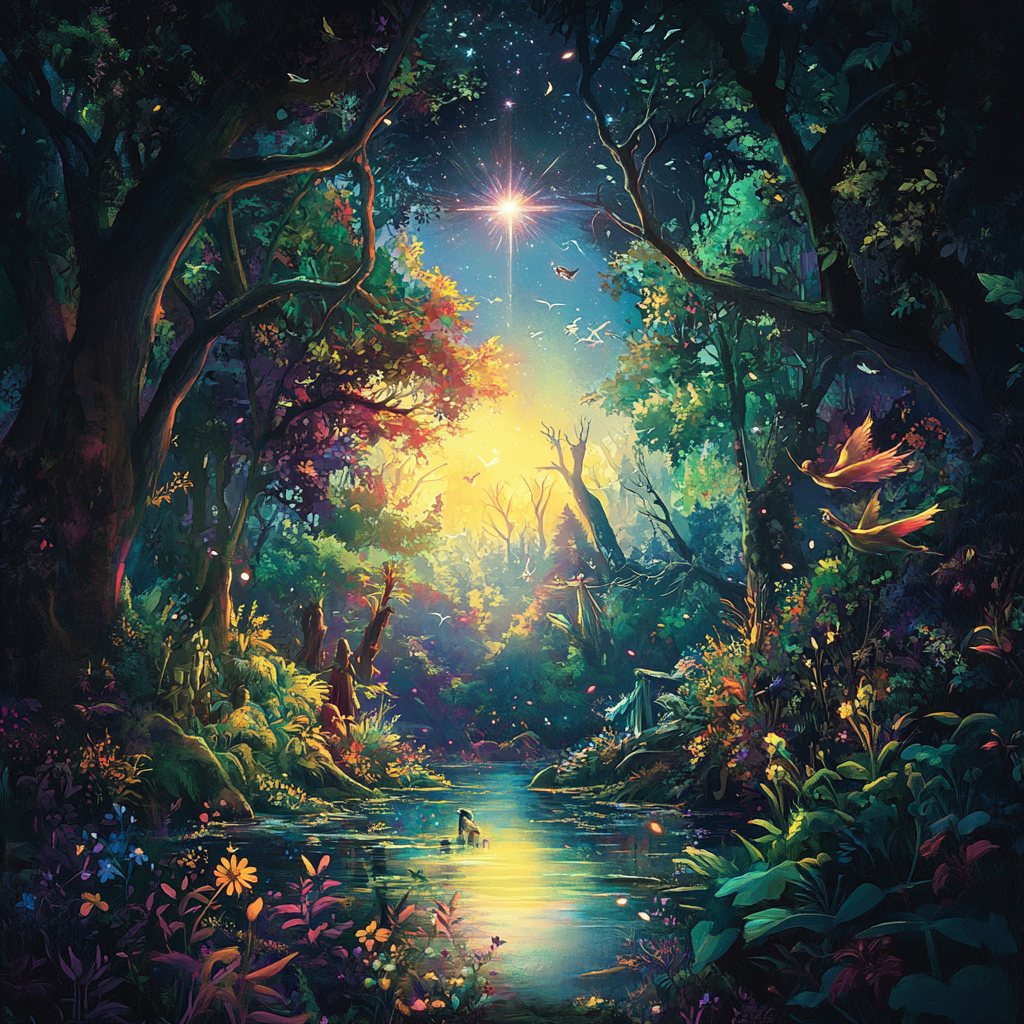 Mythical journey in forest seeking bright star