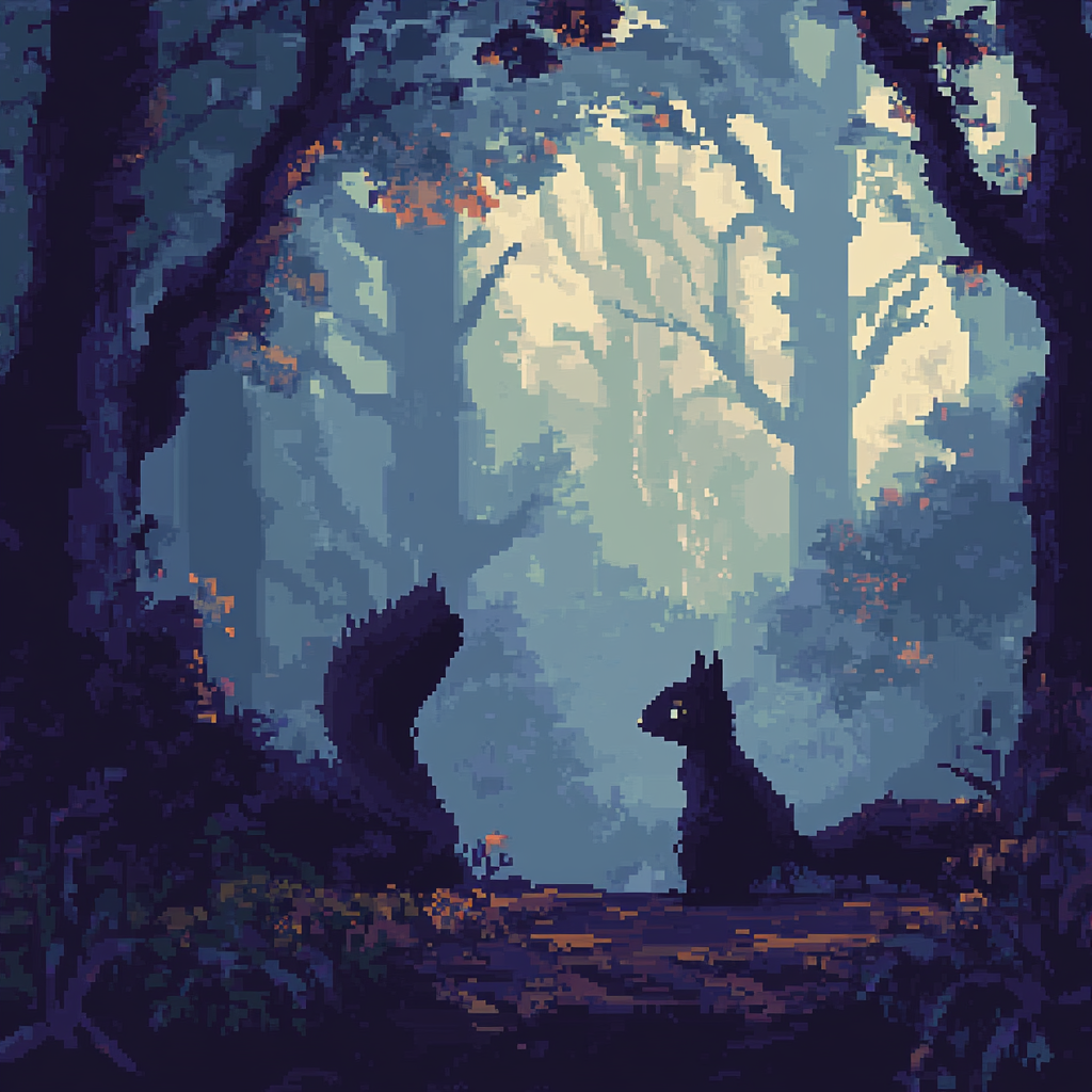 N64-style graphics of humanoid squirrel in eerie forest.