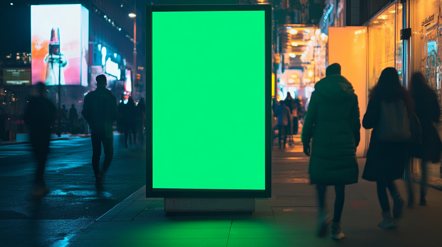 NYC nightlife area, vertical blank billboard, young people.