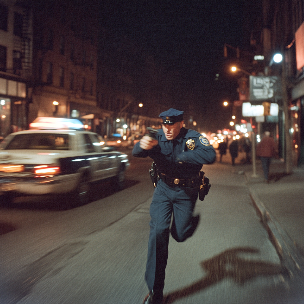 NYPD officer running with gun in vintage NYC.