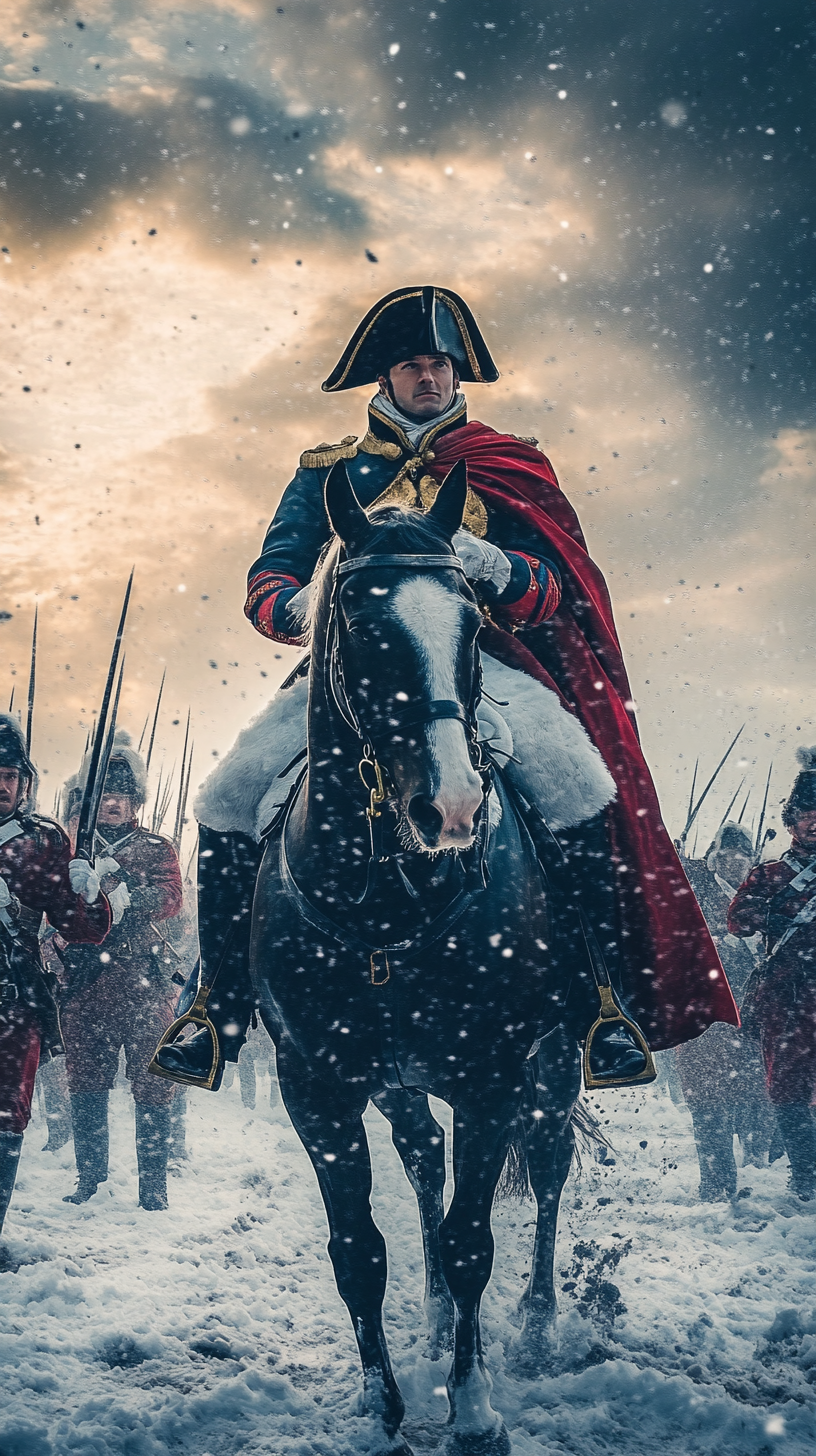 Napoleon Bonaparte leading soldiers on horse in snow.