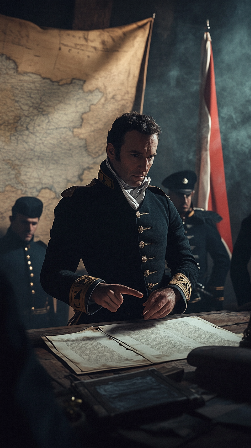 Napoleon pointing at document in strategy room, military uniform.