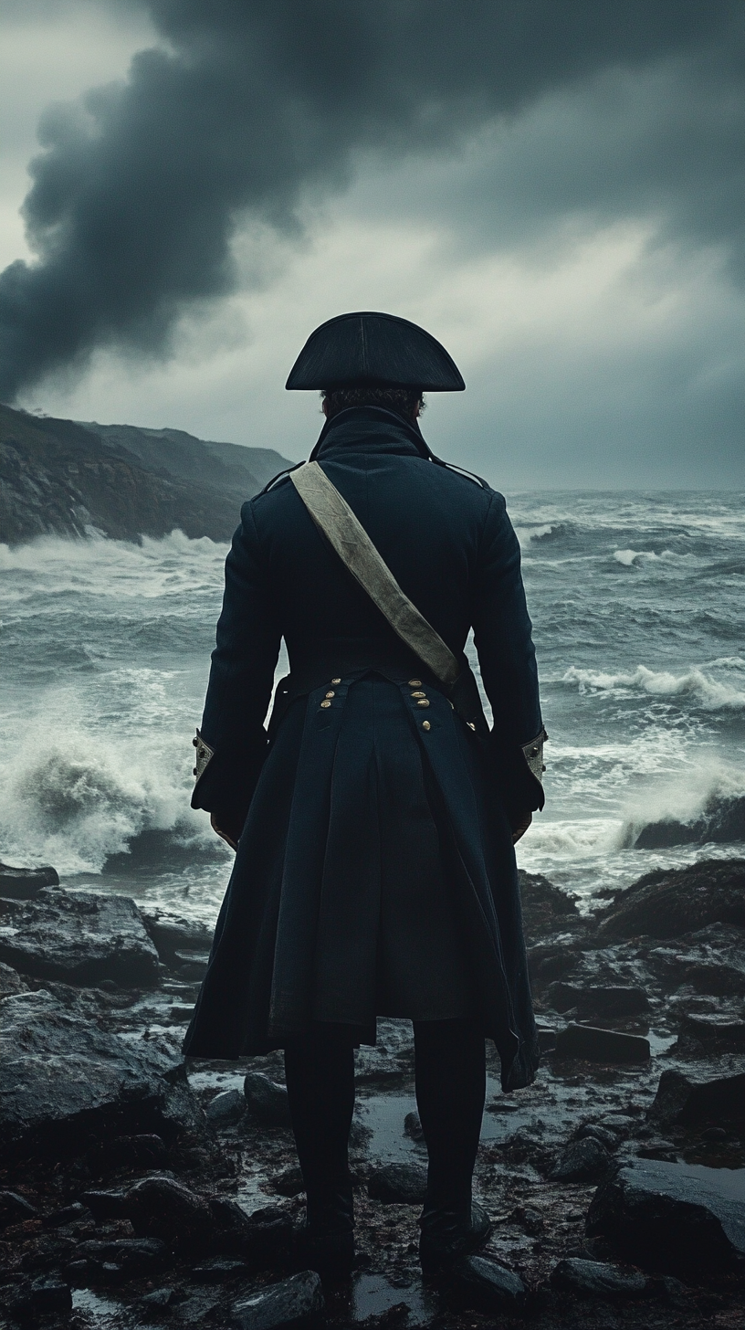 Napoleon standing alone in military coat on rocky shore.