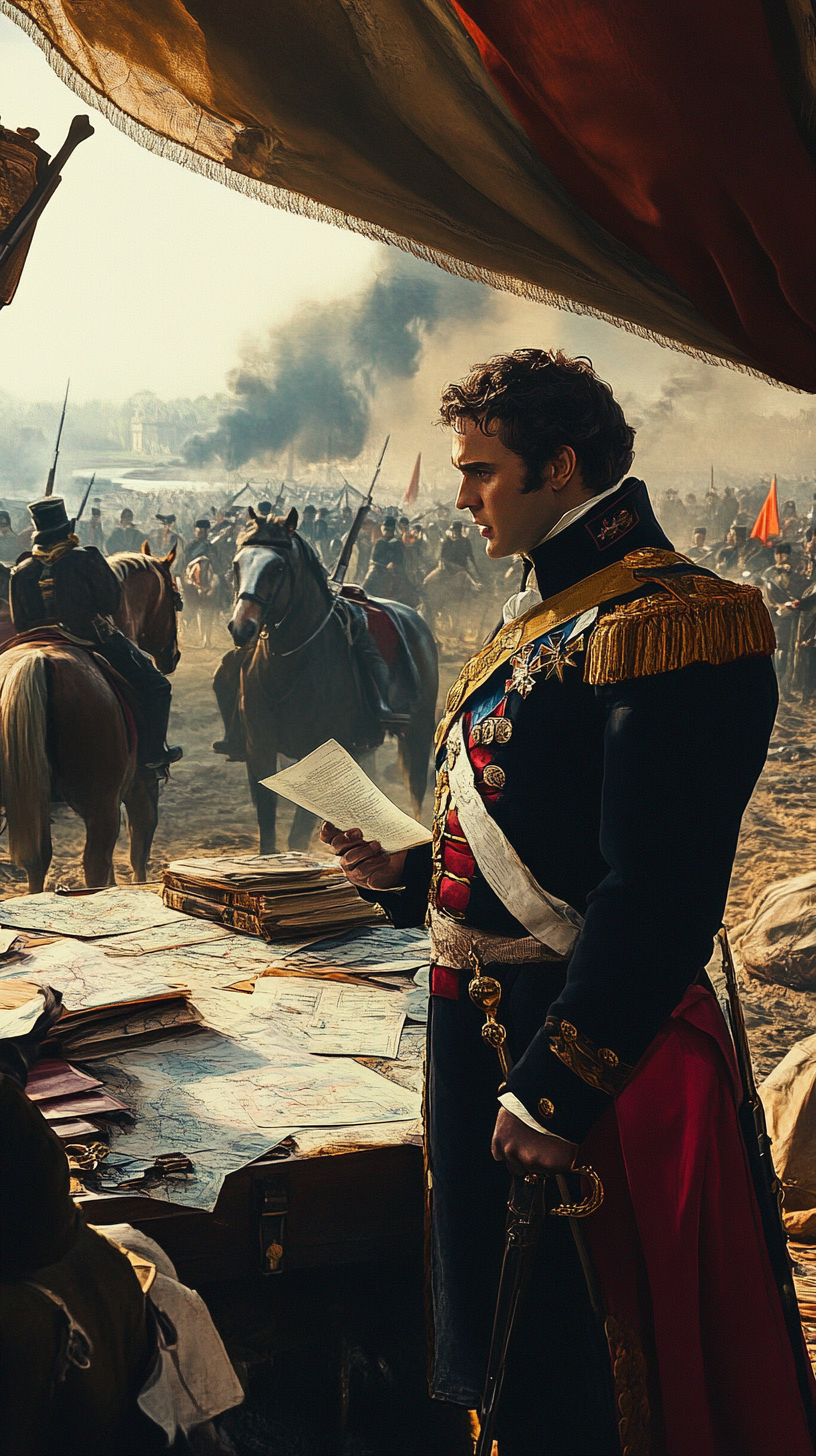 Napoleon talks to officers in military tent, commanding presence.