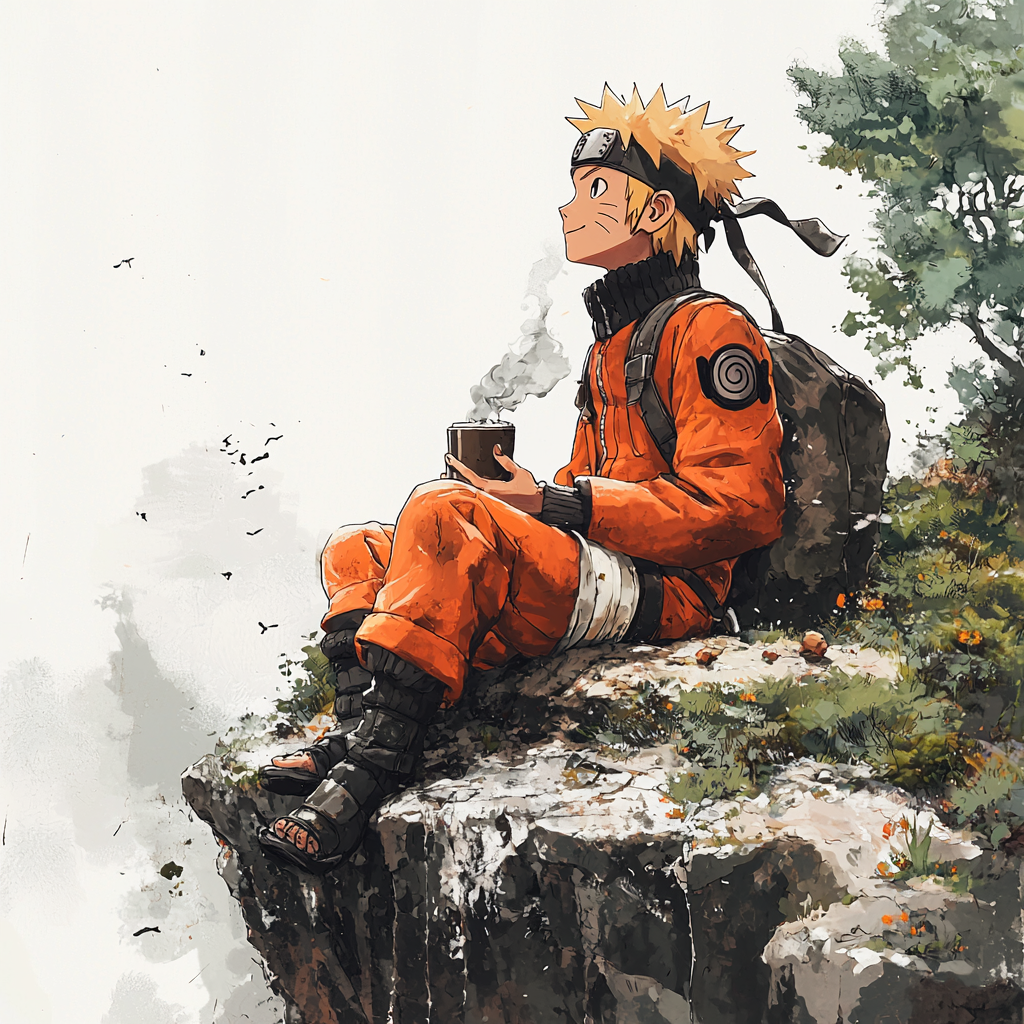 Naruto sitting on rock drinking coffee in Miyazaki style