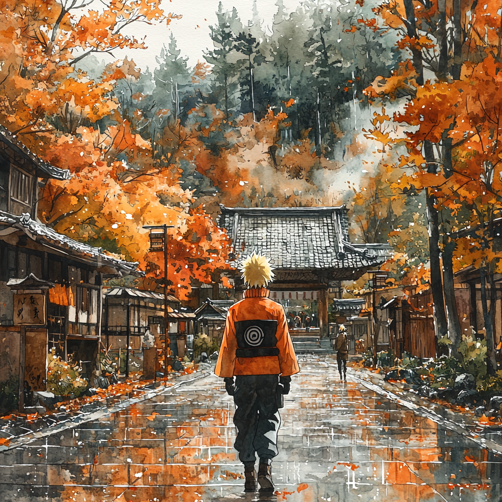 Naruto sketch in Miyazaki style, anime village background