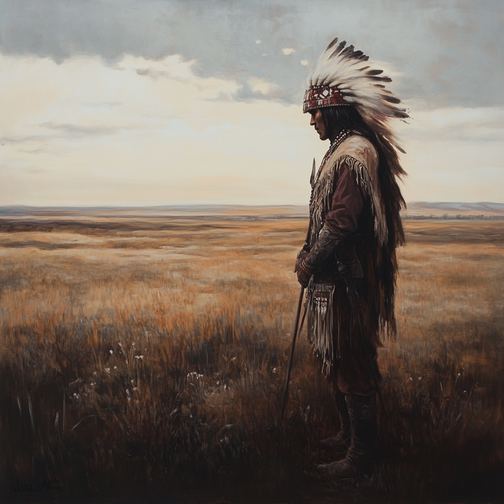 Native American Warrior Oil Painting on Great Plains