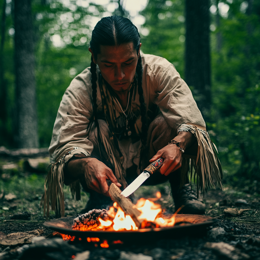 Native American man sharpening knife by fire pit