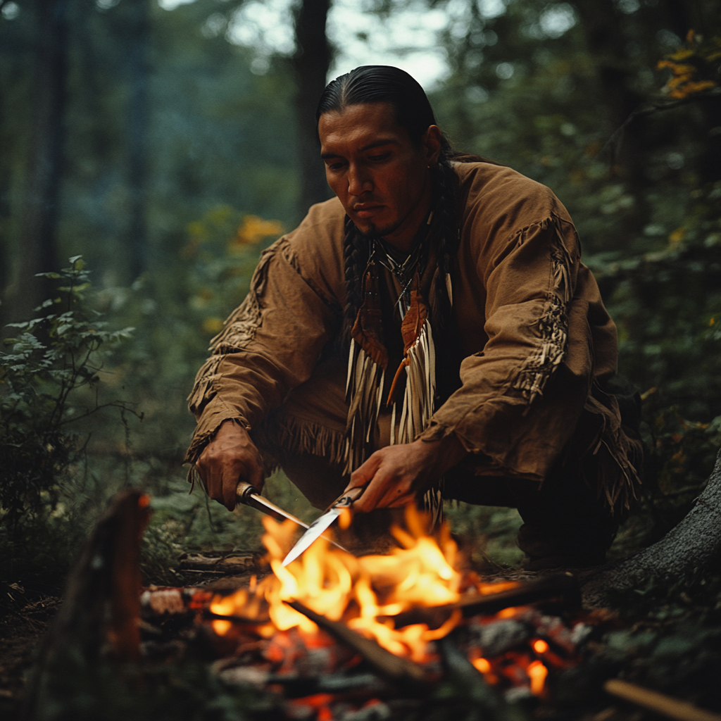 Native American man sharpening knife by firepit forest