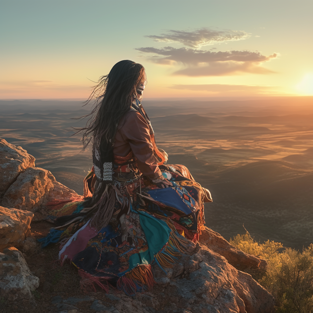 Native American woman with face paint on mountain.