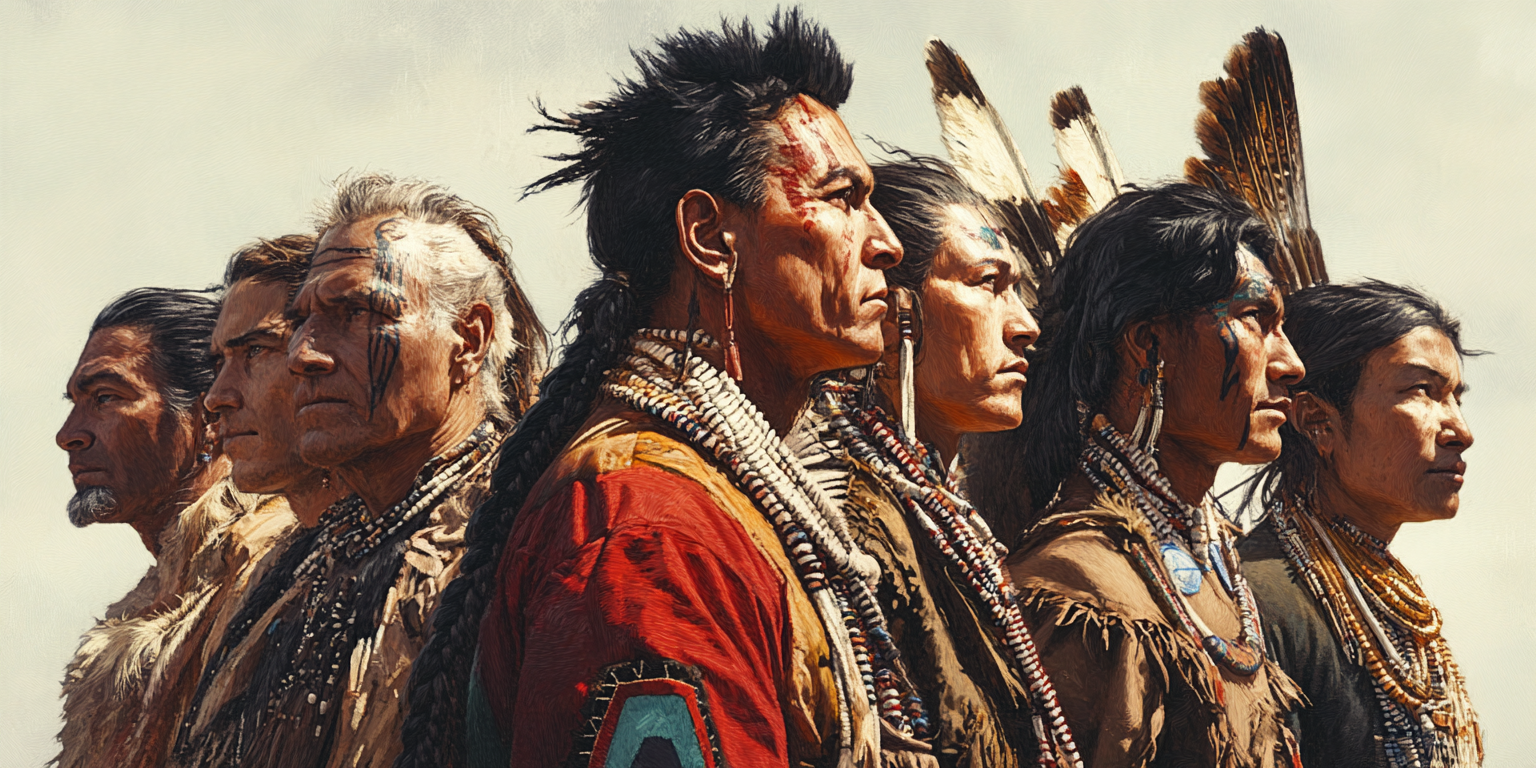 Native Americans in evolved traditional clothing, unaffected by colonization.