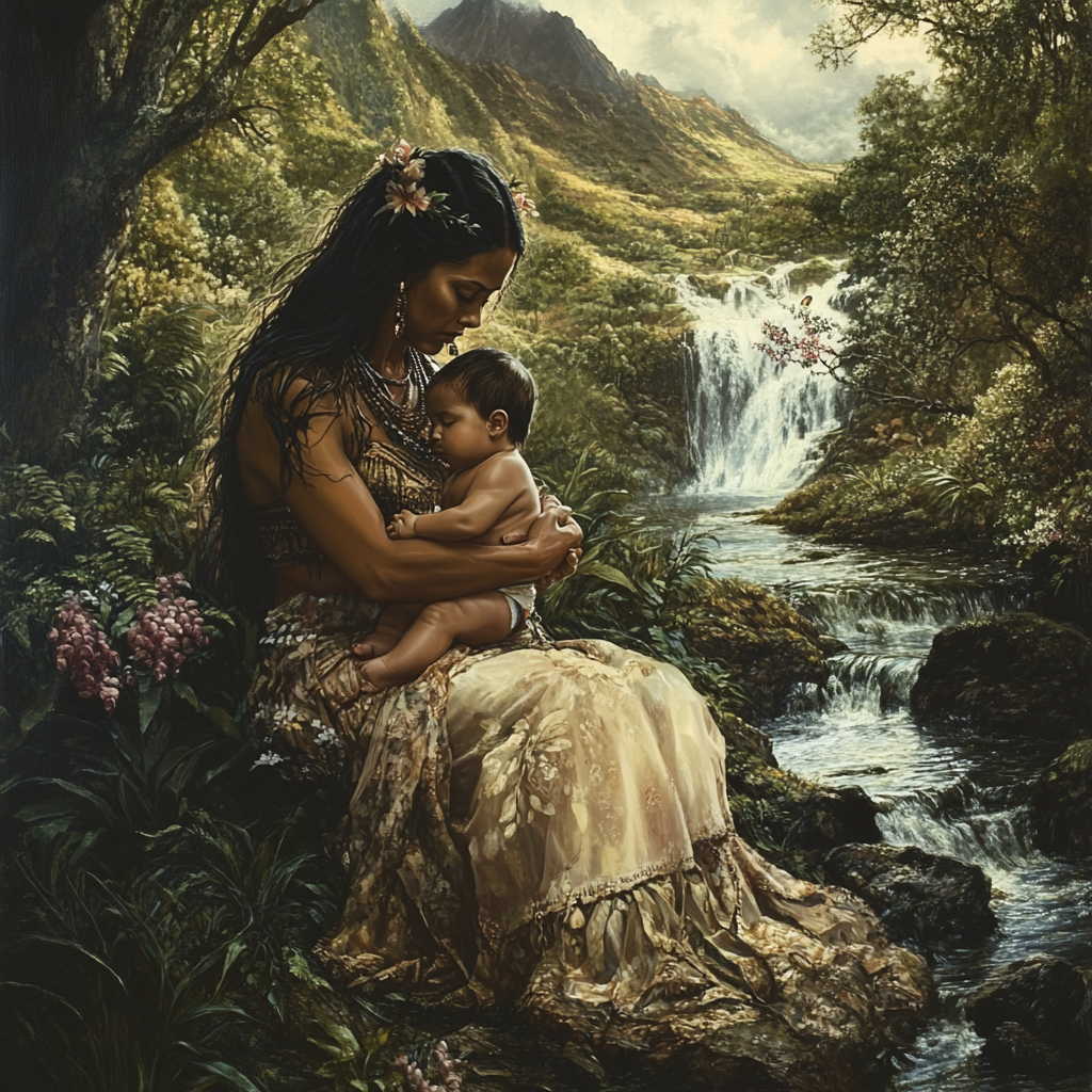 Native Hawaiian woman with long hair holds baby son.