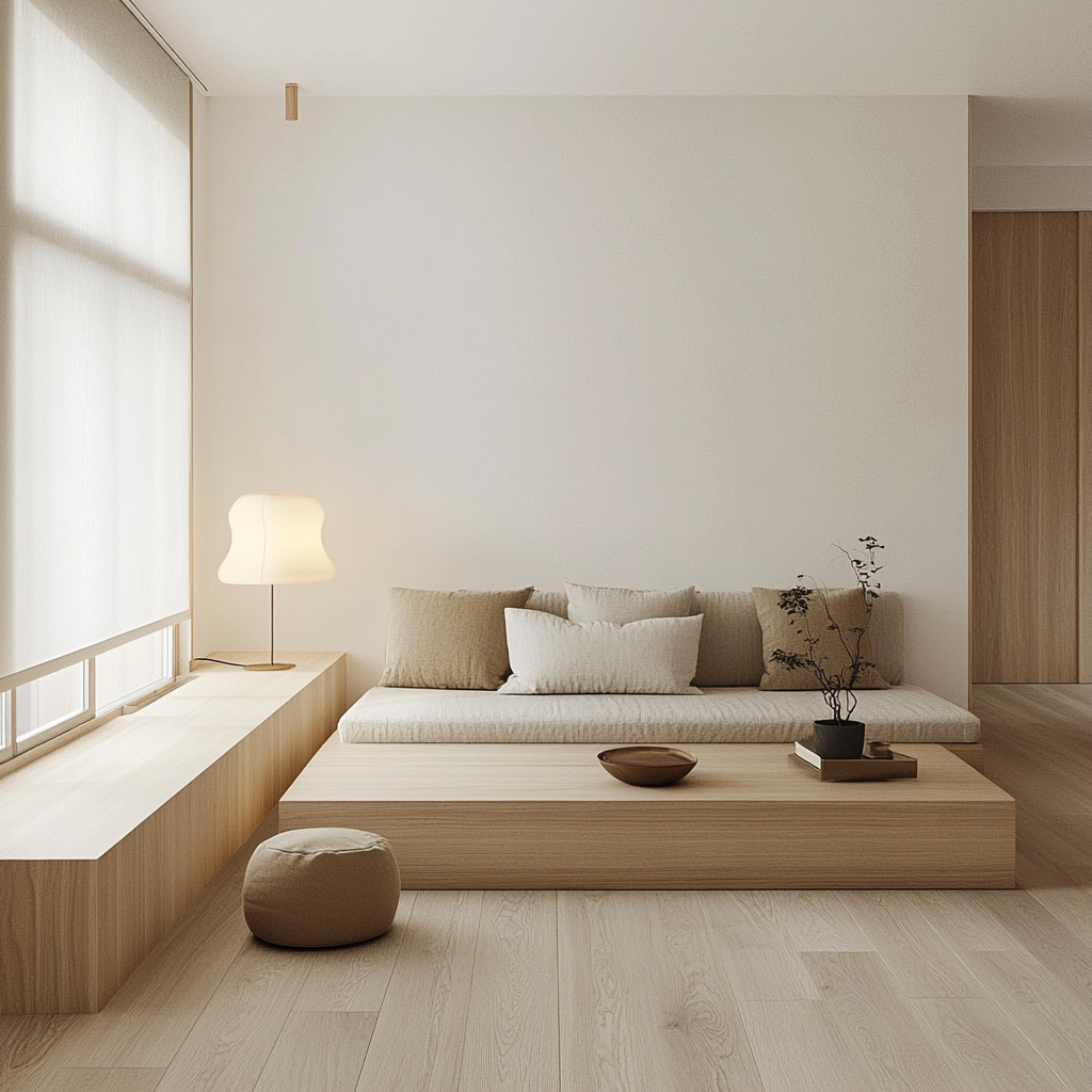 Natural materials, light wood, neutral tones, warmth, openness.