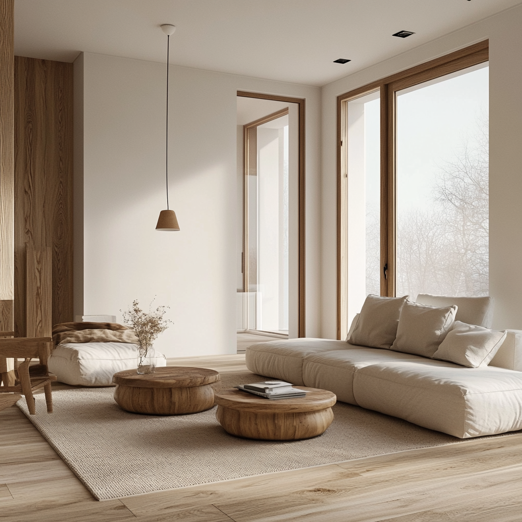 Natural materials create light, warm, airy living room.