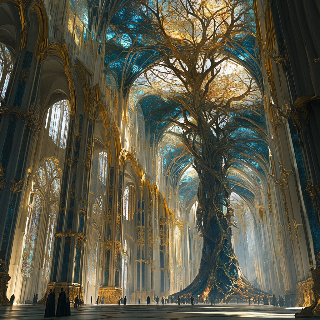 Nature-inspired cathedral interior with Gothic details and stained glass.