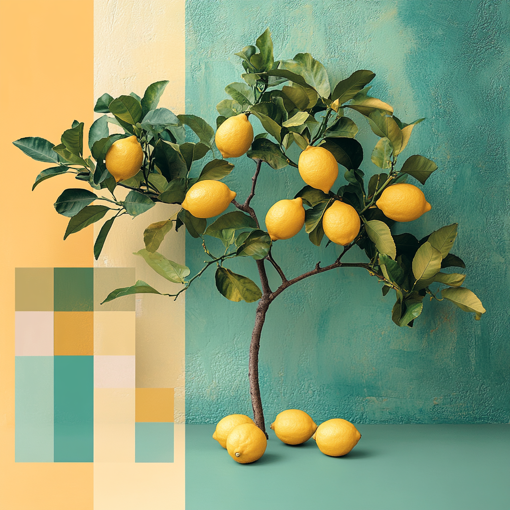 Nature mood board with lemon tree, lush and vibrant.