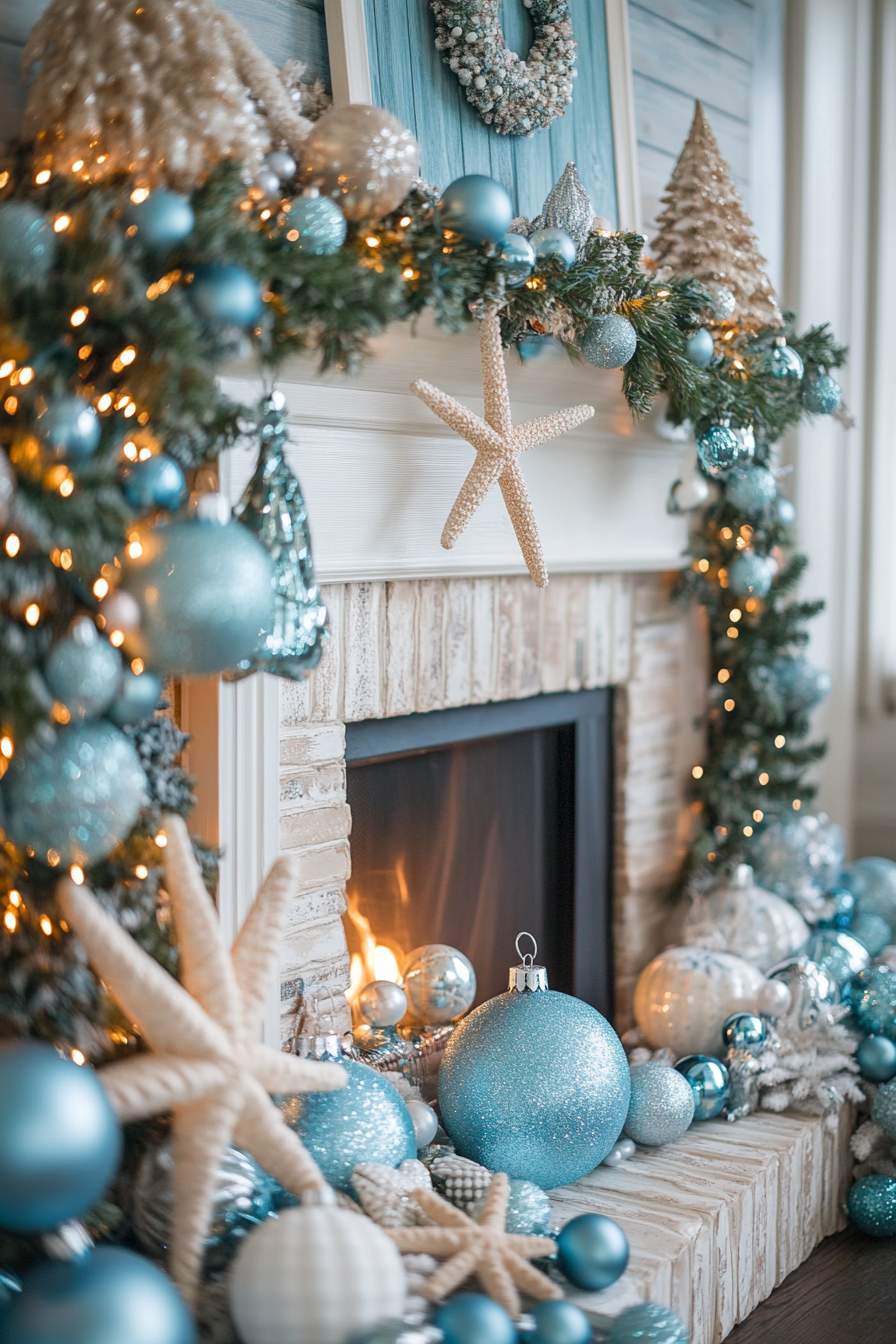 Nautical Christmas Fireplace Decor with Sea-themed Ornaments