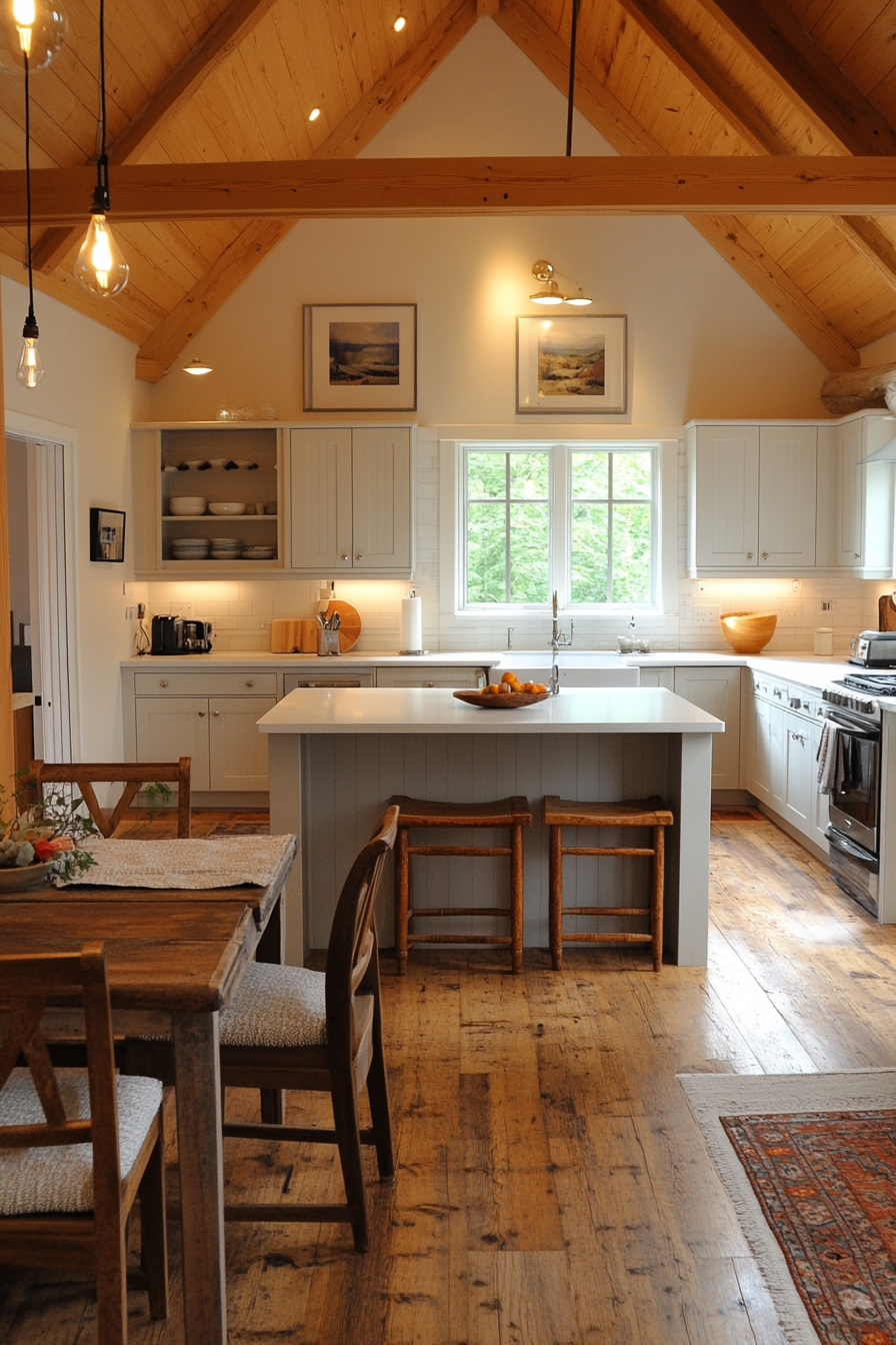 Neat, organized cabin kitchen with integrated dining space.