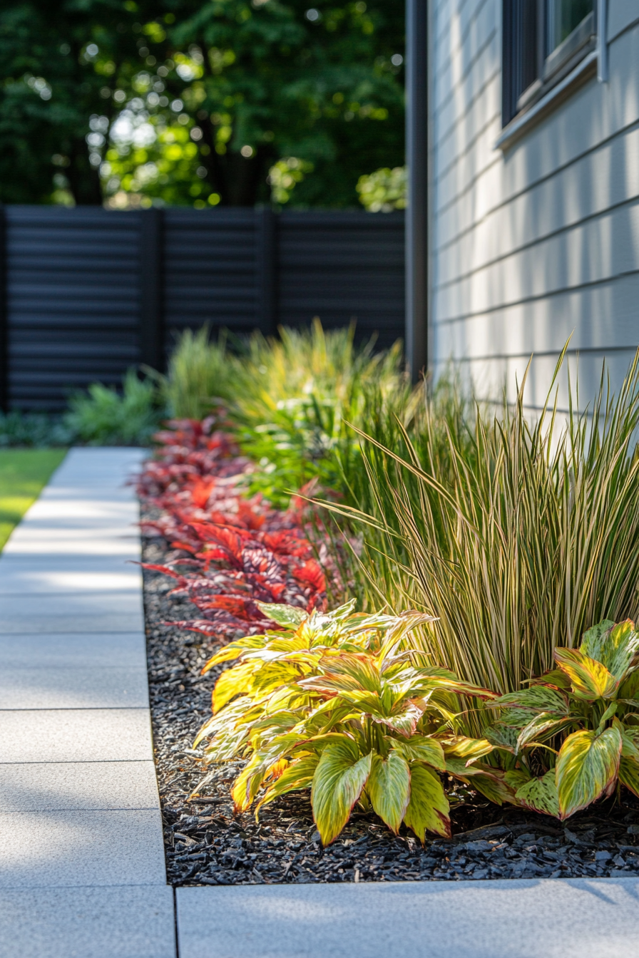 Neat garden with diverse plants, paved walkway and fence.