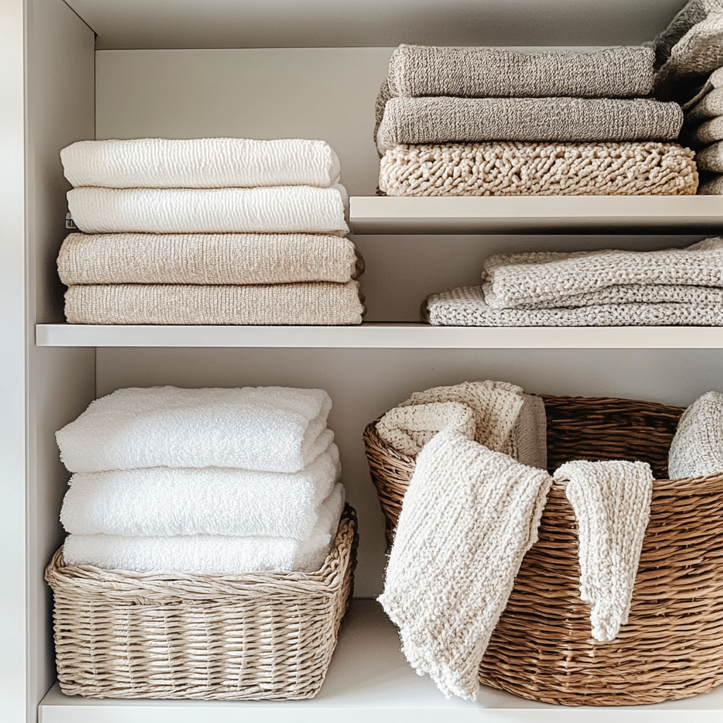 Neatly Organized Shelving Unit with Soft Items